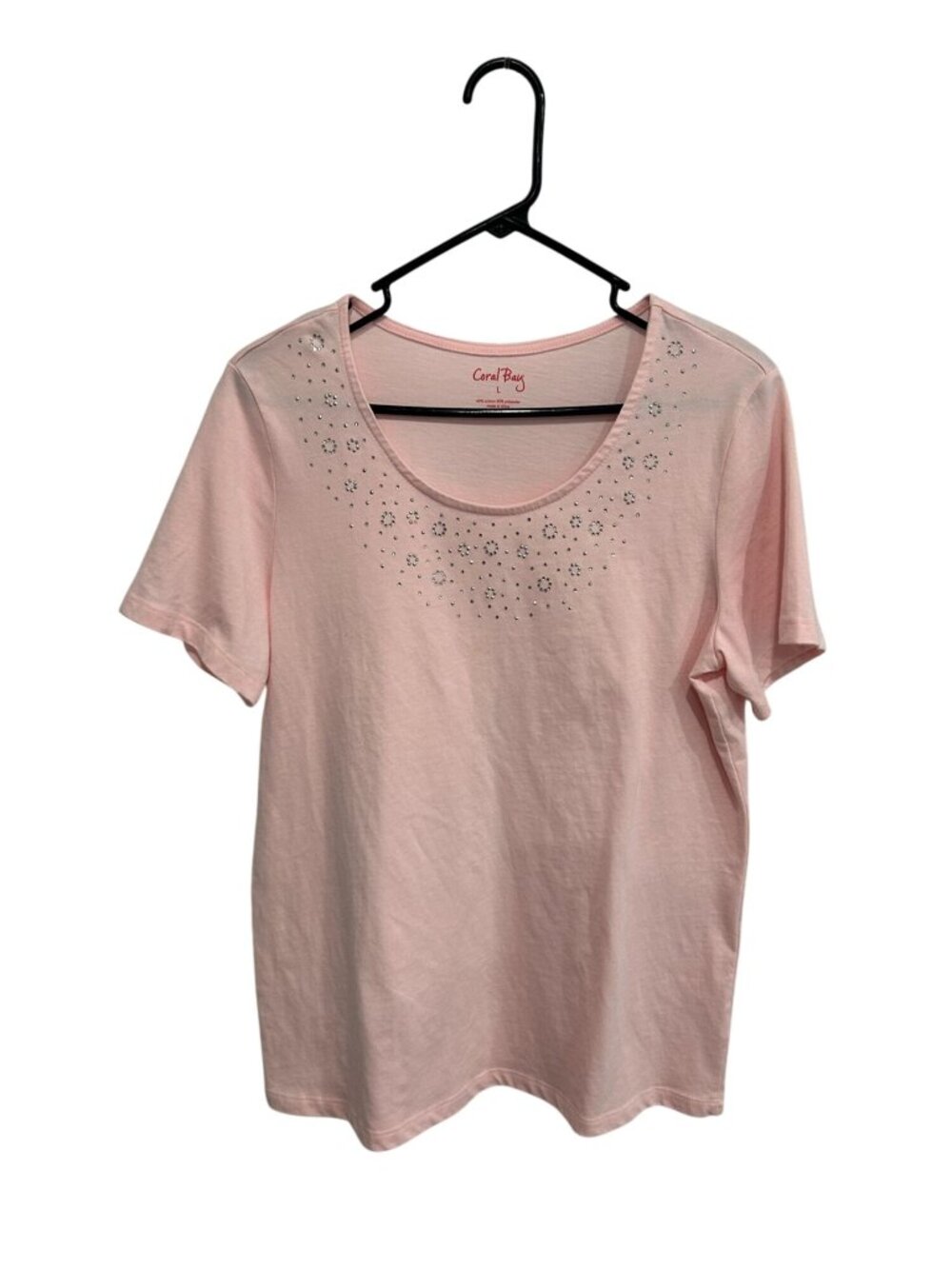 Coral Bay Womens Pink Short Sleeve T-Shirt With Rhinestone Embellishments Size L